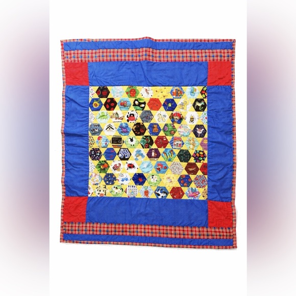 Handmade Other - Handmade Kids Quilt 41x35” Hexagon Patchwork Bright Primary Colors